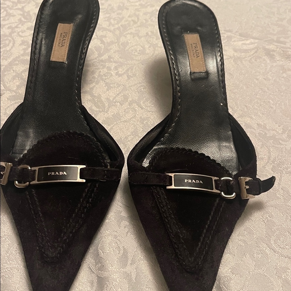 Prada Black Suede Pointed Mules with Silver Accents
